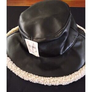 Windsor Black Faux Leather Shearling Bucket Hat with Ivory Fur Trim, One Size